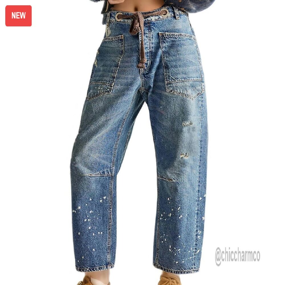 Pull-On Barrel Jeans Mid-Low Rise Boyfriend Drawstring Ankle Stretchy Denim